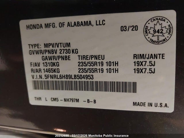 Продаж на аукціоні авто 2020 Honda Odyssey Touring, vin: 5FNRL6H89LB504953, номер лоту: 20252688
