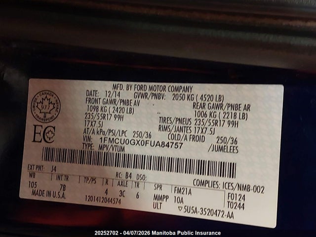 1FMCU0GX0FUA84757 Ford ESCAPE SE