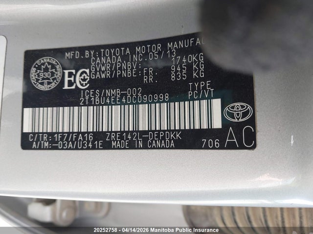 2013 Toyota Corolla Ce მანქანა იყიდება აუქციონზე, vin: 2T1BU4EE4DC090998, აუქციონის ნომერი: 20252758