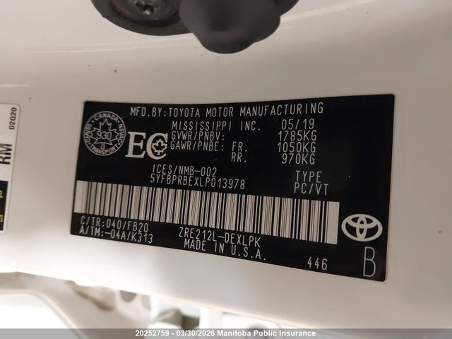 20252759 :رقم المزاد ، 5YFBPRBEXLP013978 vin ، 2020 Toyota Corolla Le مزاد بيع