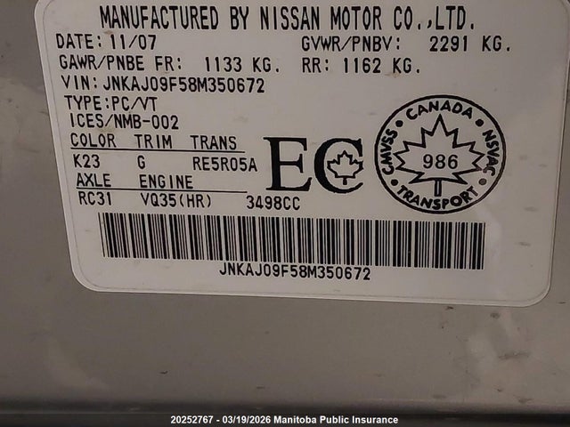 Продаж на аукціоні авто 2008 Infiniti Ex35, vin: JNKAJ09F58M350672, номер лоту: 20252767
