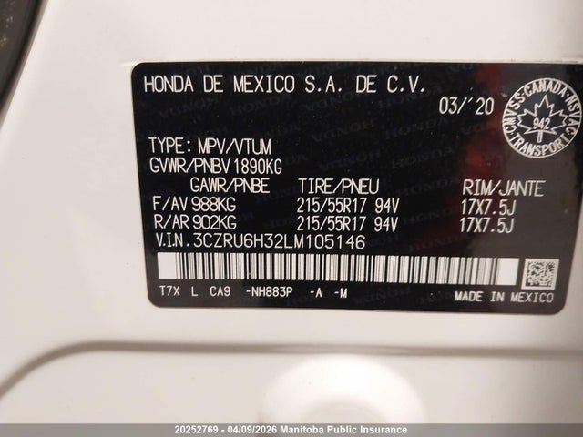 3CZRU6H32LM105146 Honda HR-V LX