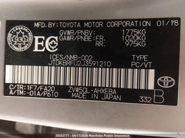 2018 Toyota Prius მანქანა იყიდება აუქციონზე, vin: JTDKBRFU2J3591210, აუქციონის ნომერი: 20252777