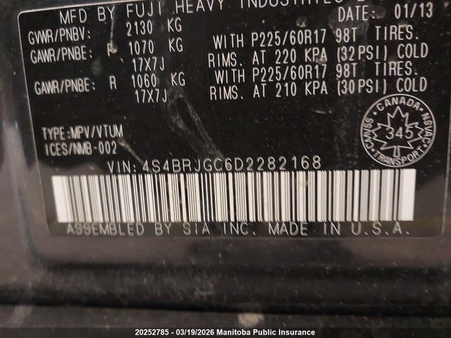 20252785 :رقم المزاد ، 4S4BRJGC6D2282168 vin ، 2013 Subaru Outback 3.6r مزاد بيع