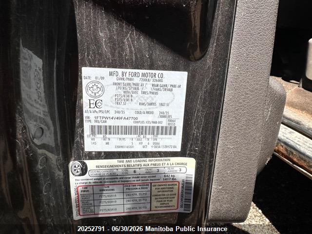 20252791 :رقم المزاد ، 1FTPW14V49FA47700 vin ، 2009 Ford F150 Fx4 Supercrew مزاد بيع