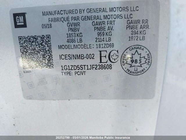 1G1ZD5ST1JF238608 Chevrolet MALIBU LT