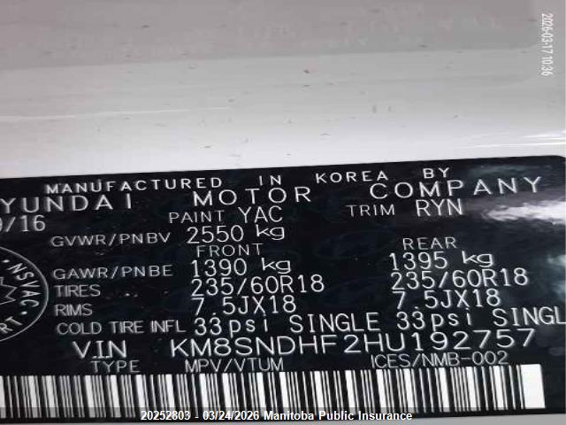 KM8SNDHF2HU192757 Hyundai SANTA FE XL