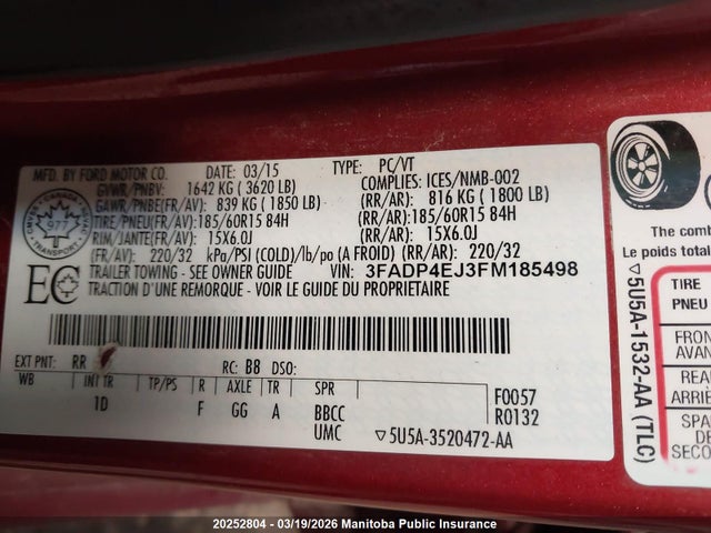 2015 Ford Fiesta S მანქანა იყიდება აუქციონზე, vin: 3FADP4EJ3FM185498, აუქციონის ნომერი: 20252804