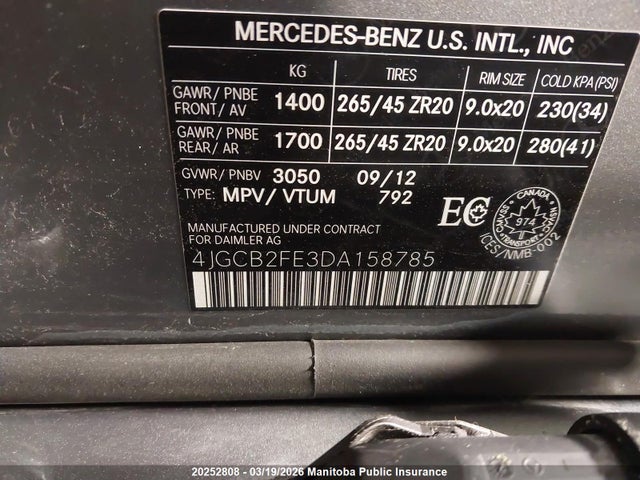 20252808 :رقم المزاد ، 4JGCB2FE3DA158785 vin ، 2013 Mercedes Benz R350 Bluetec مزاد بيع