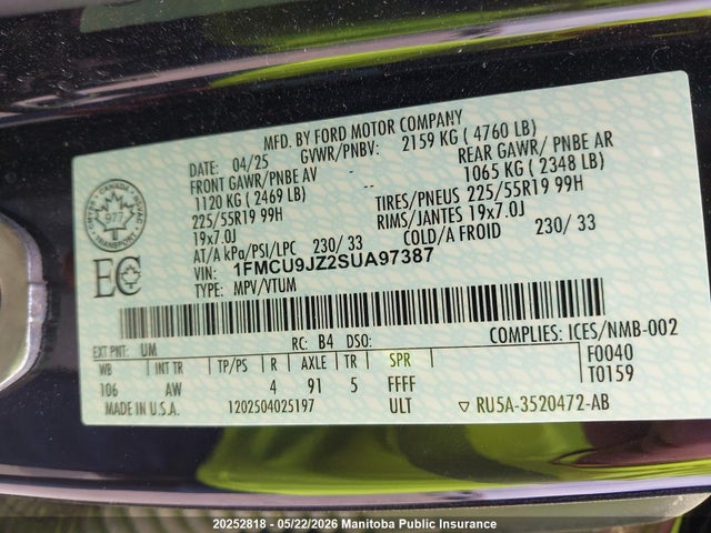 Auction sale of the 2025 Ford Escape Platinum Hybrid, vin: 1FMCU9JZ2SUA97387, lot number: 20252818