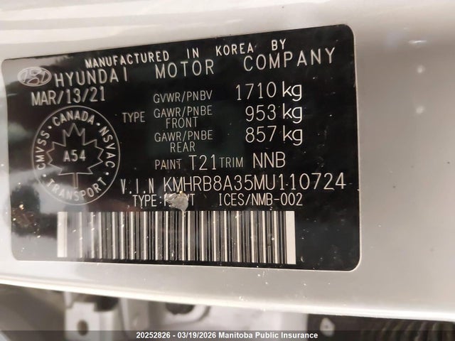 20252826 :رقم المزاد ، KMHRB8A35MU110724 vin ، 2021 Hyundai Venue Essential مزاد بيع