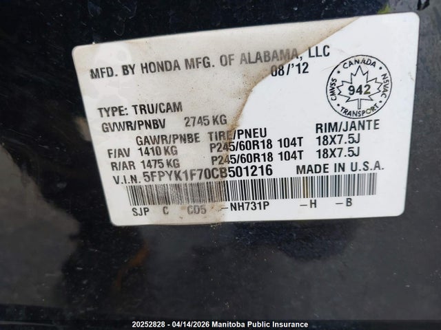 Aukcja sprzedaży 2012 Honda Ridgeline Sport, vin: 5FPYK1F70CB501216, numer aukcji: 20252828