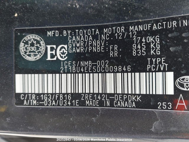 20252843 :رقم المزاد ، 2T1BU4EE5DC009846 vin ، 2013 Toyota Corolla Ce مزاد بيع