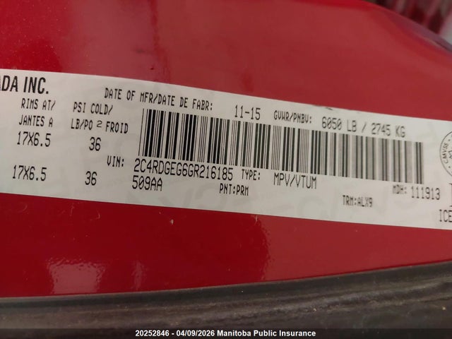 20252846 :رقم المزاد ، 2C4RDGEG6GR216185 vin ، 2016 Dodge Grand Caravan R/t مزاد بيع