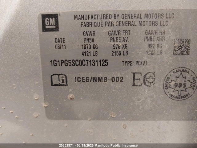 Aukcja sprzedaży 2012 Chevrolet Cruze Lt Turbo, vin: 1G1PG5SC0C7131125, numer aukcji: 20252871