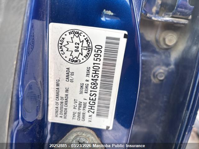 20252885 :رقم المزاد ، 2HGES16845H015950 vin ، 2005 Honda Civic Si مزاد بيع