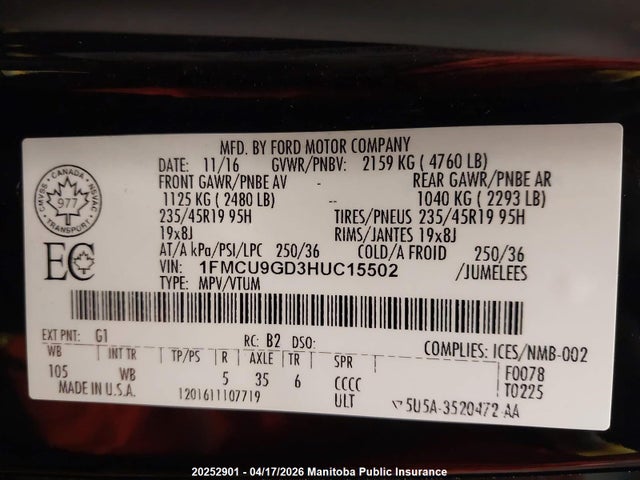 1FMCU9GD3HUC15502 Ford ESCAPE SE