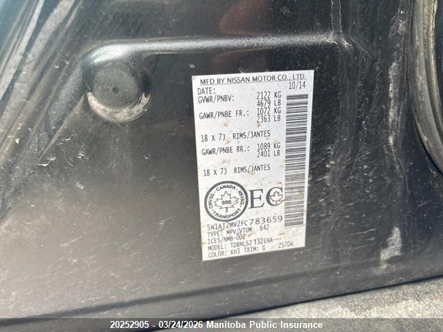 20252905 :رقم المزاد ، 5N1AT2MV2FC783659 vin ، 2015 Nissan Rogue Sl مزاد بيع