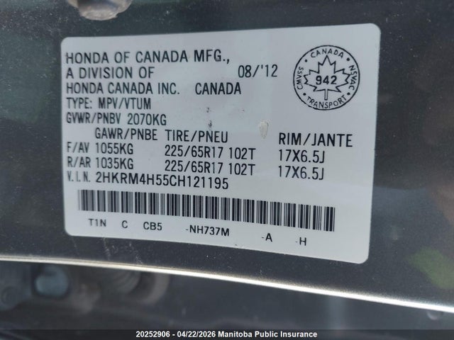 Aukcja sprzedaży 2012 Honda Cr-v Ex, vin: 2HKRM4H55CH121195, numer aukcji: 20252906