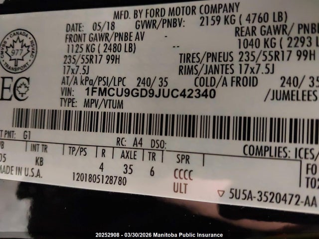 Aukcja sprzedaży 2018 Ford Escape Se, vin: 1FMCU9GD9JUC42340, numer aukcji: 20252908