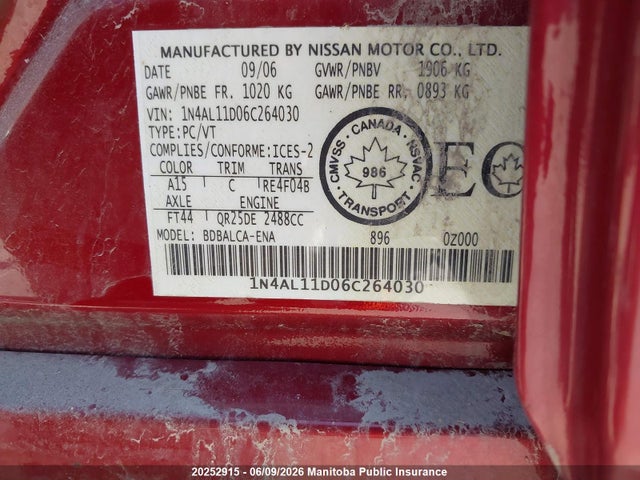 Продаж на аукціоні авто 2006 Nissan Altima 2.5 S, vin: 1N4AL11D06C264030, номер лоту: 20252915