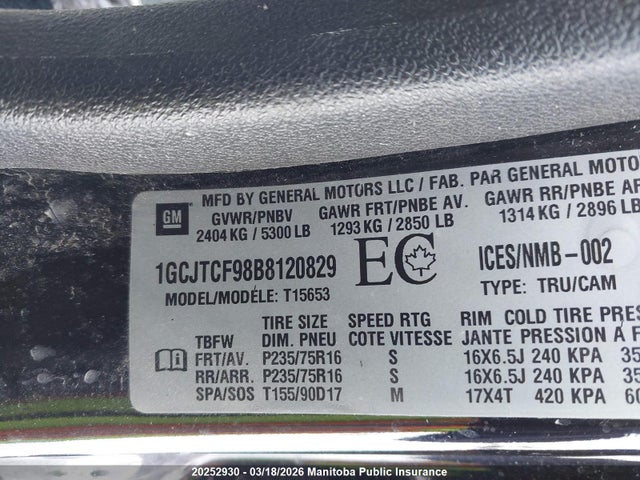 20252930 :رقم المزاد ، 1GCJTCF98B8120829 vin ، 2011 Chevrolet Colorado Lt Ext Cab مزاد بيع