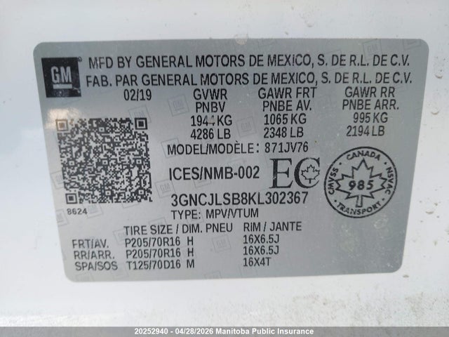 Aukcja sprzedaży 2019 Chevrolet Trax Lt, vin: 3GNCJLSB8KL302367, numer aukcji: 20252940
