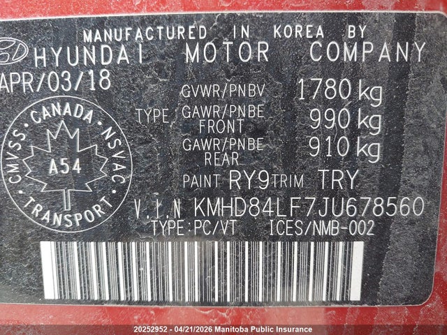 KMHD84LF7JU678560 Hyundai ELANTRA GL
