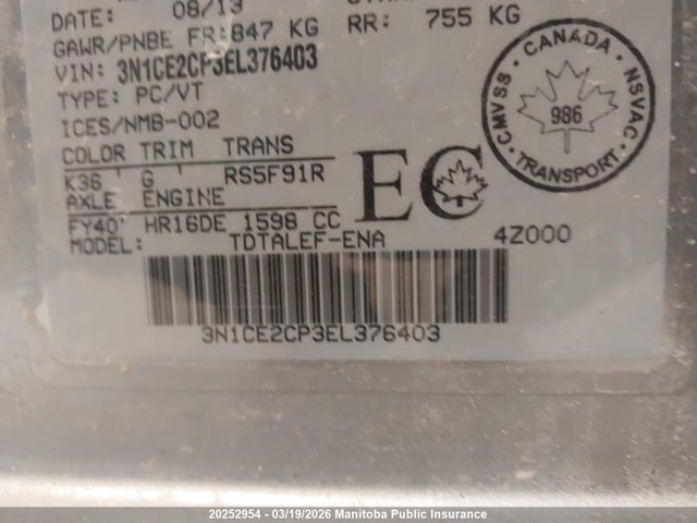 20252954 :رقم المزاد ، 3N1CE2CP3EL376403 vin ، 2014 Nissan Versa Note Sl مزاد بيع