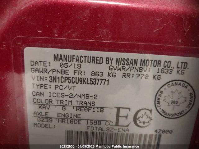 3N1CP5CU9KL537771 Nissan KICKS SV