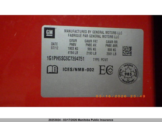 Aukcja sprzedaży 2012 Chevrolet Cruze Eco Turbo, vin: 1G1PH5SC6C7394751, numer aukcji: 20253024
