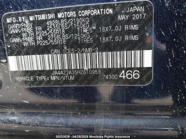 Aukcja sprzedaży 2017 Mitsubishi Outlander Es, vin: JA4AZ2A35HZ610959, numer aukcji: 20253039