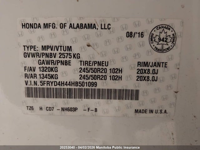 Продажа на аукционе авто 2017 Acura Mdx, vin: 5FRYD4H44HB501099, номер лота: 20253040