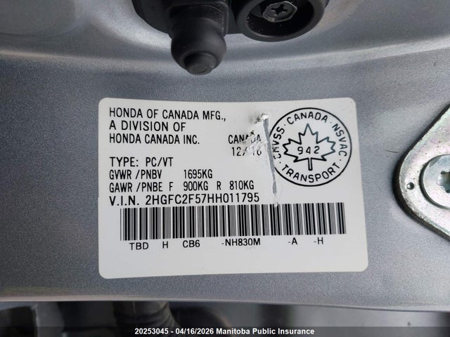 Aukcja sprzedaży 2017 Honda Civic Lx, vin: 2HGFC2F57HH011795, numer aukcji: 20253045