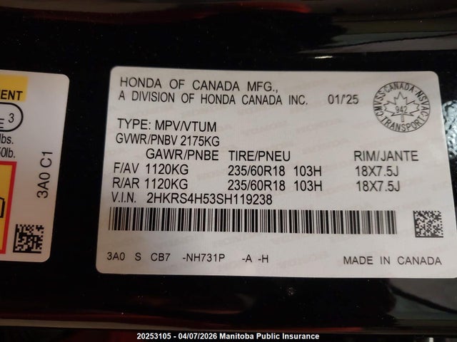 2HKRS4H53SH119238 Honda Cr-v Sport