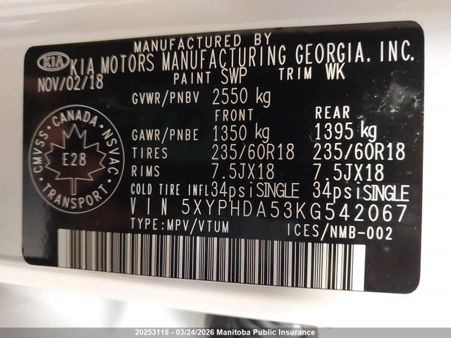 5XYPHDA53KG542067 KIA Sorento Ex V6