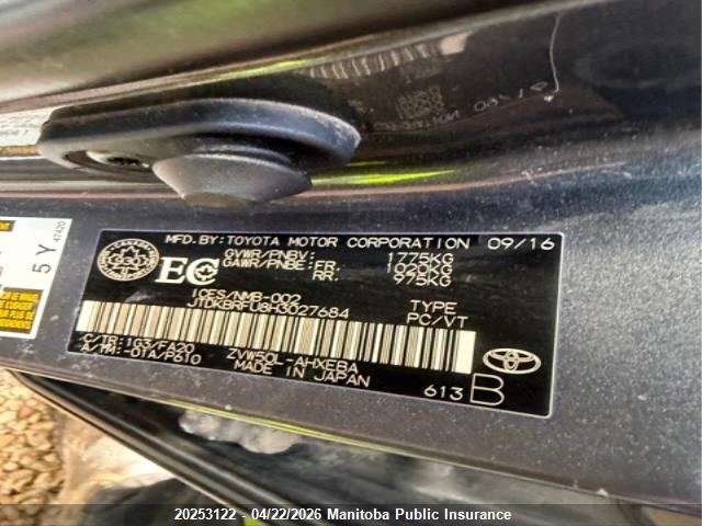 JTDKBRFU8H3027684 Toyota Prius