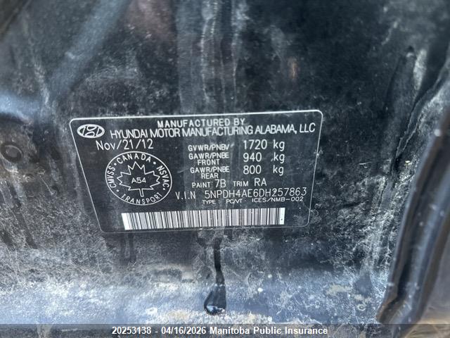 20253138 :رقم المزاد ، 5NPDH4AE6DH257863 vin ، 2013 Hyundai Elantra Gls مزاد بيع