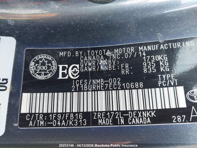 2014 Toyota Corolla Le მანქანა იყიდება აუქციონზე, vin: 2T1BURHE7EC210688, აუქციონის ნომერი: 20253146