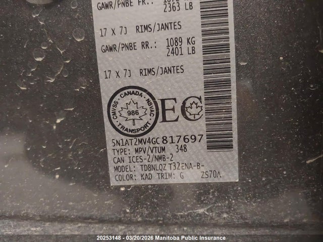 5N1AT2MV4GC817697 Nissan ROGUE SV