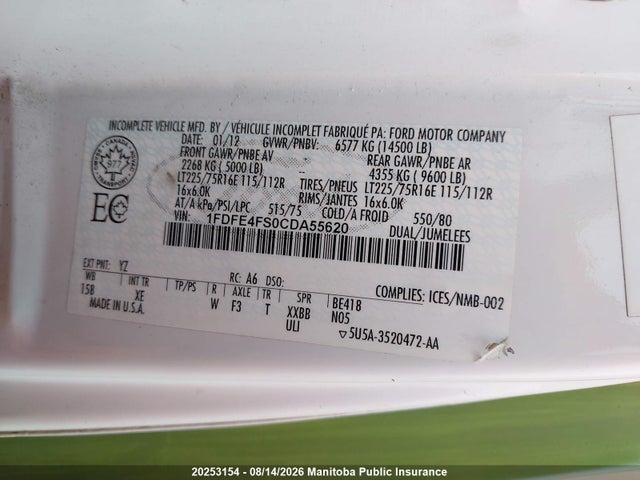 Aukcja sprzedaży 2012 Ford E450, vin: 1FDFE4FS0CDA55620, numer aukcji: 20253154