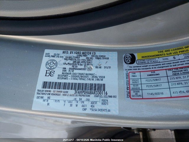 2010 Ford Fusion Se მანქანა იყიდება აუქციონზე, vin: 3FAHP0HA8AR330116, აუქციონის ნომერი: 20253217