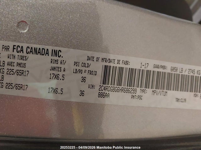20253225 :رقم المزاد ، 2C4RDGBG6HR686299 vin ، 2017 Dodge Grand Caravan Se مزاد بيع