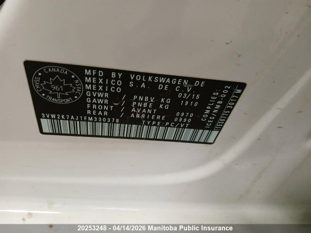 20253248 :رقم المزاد ، 3VW2K7AJ1FM330378 vin ، 2015 Volkswagen Jetta 2.0 مزاد بيع