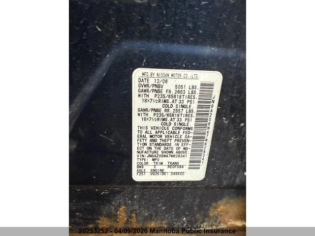 Продаж на аукціоні авто 2007 Nissan Murano Sl, vin: JN8AZ08W47W629341, номер лоту: 20253252