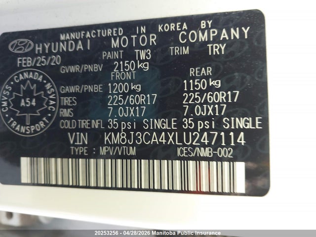 Продаж на аукціоні авто 2020 Hyundai Tucson Preferred, vin: KM8J3CA4XLU247114, номер лоту: 20253256