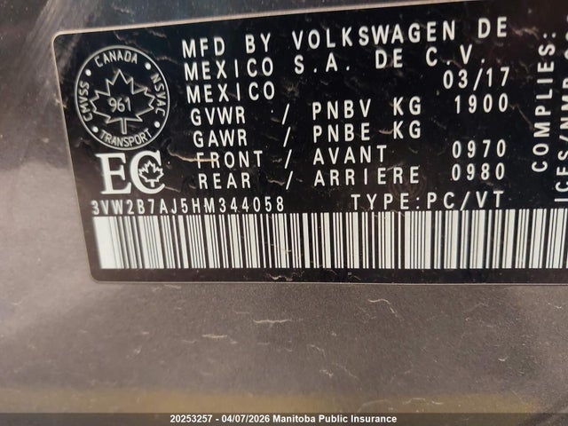 2017 Volkswagen Jetta 1.4 Tsi მანქანა იყიდება აუქციონზე, vin: 3VW2B7AJ5HM344058, აუქციონის ნომერი: 20253257