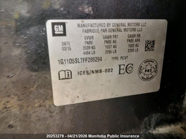 Aukcja sprzedaży 2015 Chevrolet Malibu Lt, vin: 1G11D5SL7FF286294, numer aukcji: 20253279