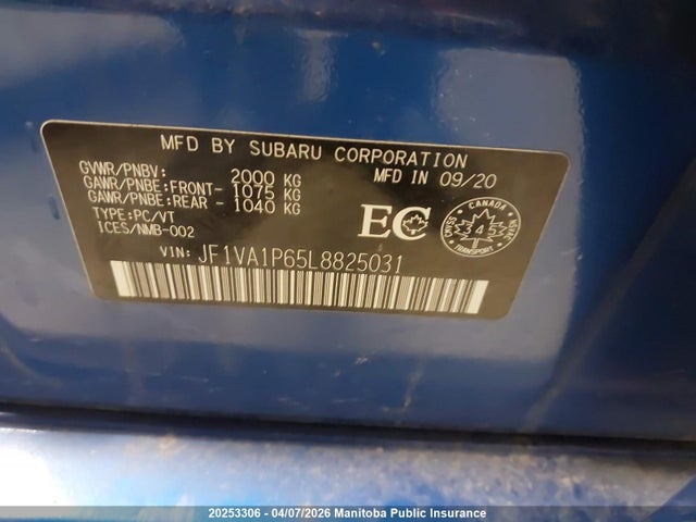 Aukcja sprzedaży 2020 Subaru Wrx Sport Tech, vin: JF1VA1P65L8825031, numer aukcji: 20253306