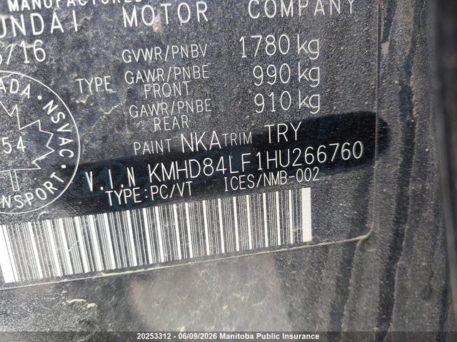 KMHD84LF1HU266760 Hyundai ELANTRA GL